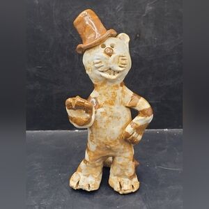 Vintage Handmade Clay Cat Sculpture Signed Marion Fralick 7" Folk Art